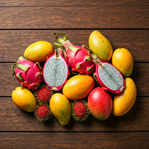 Tropical Malaysian fruits like dragonfruit, mangoes, and rambutans